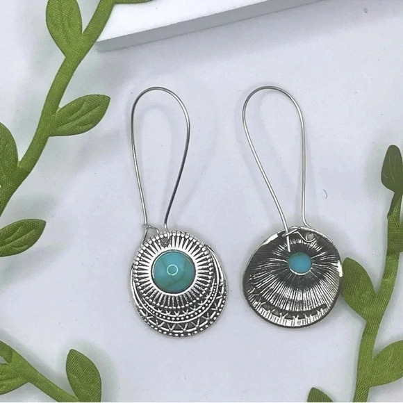 Turquoise Stone Silver Boho Dangle Earrings - Picture 3 of 3